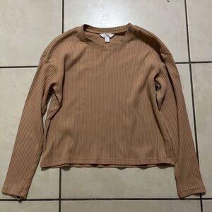 Time and Tru Ribbed Long-Sleeve Crewneck Top in Camel